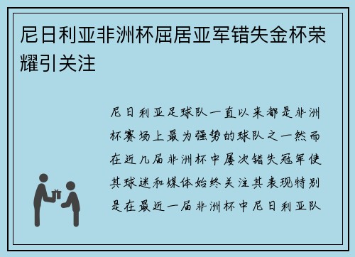 尼日利亚非洲杯屈居亚军错失金杯荣耀引关注