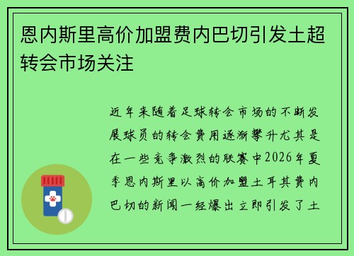 恩内斯里高价加盟费内巴切引发土超转会市场关注